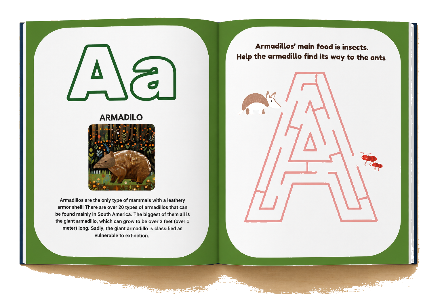 Endangered Animals Alphabet Workbook — Aa Armadillo spread