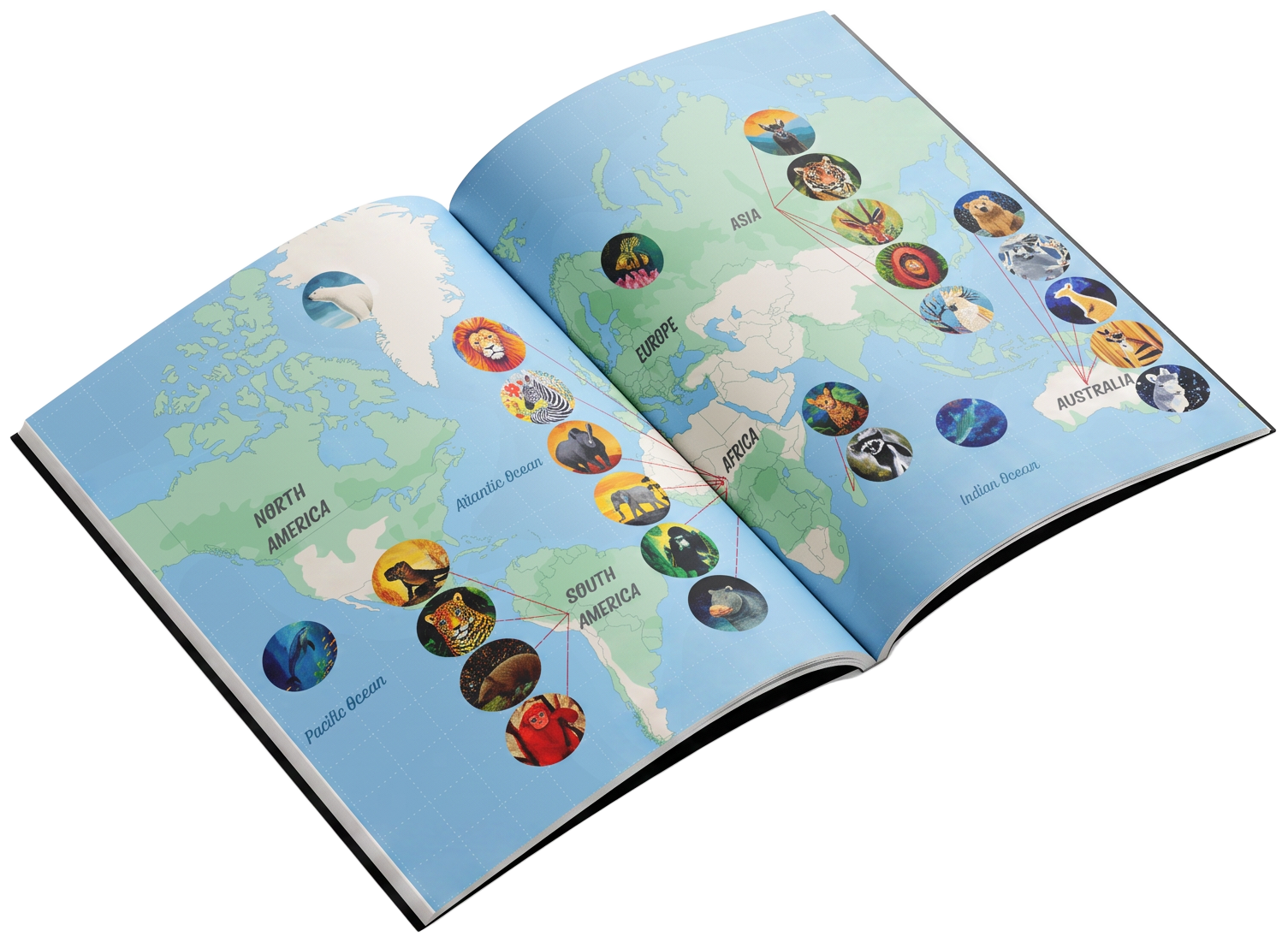 Open book spread — world map of endangered animals