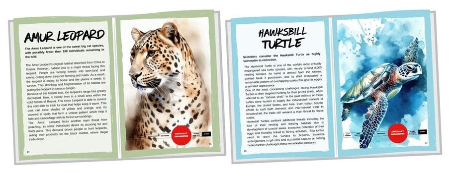 Inside pages sneak peek showing Amur Leopard and Hawksbill Turtle