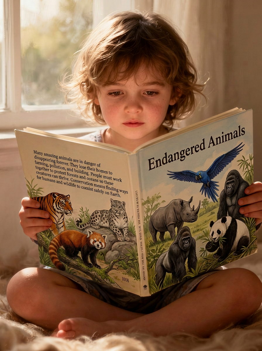 Child reading the Endangered Animals picture book