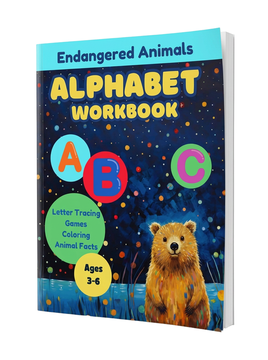 Endangered Animals Alphabet Workbook — 3D book mockup